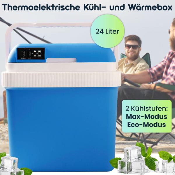 Tragbare 24 Liter Thermoelektrische Kühl- und Wärmebox, weiss-blau, 12V/230V, Leiser und Langlebiger Bürstenloser Motor, Ideale Box für unterwegs