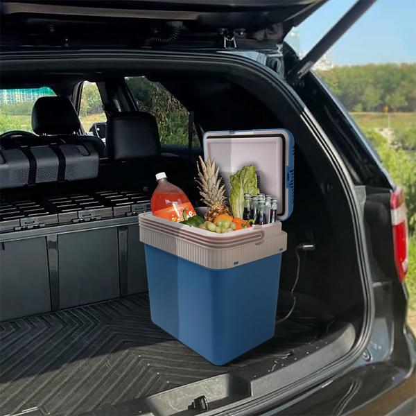 Tragbare 24 Liter Thermoelektrische Kühl- und Wärmebox, weiss-blau, 12V/230V, Leiser und Langlebiger Bürstenloser Motor, Ideale Box für unterwegs