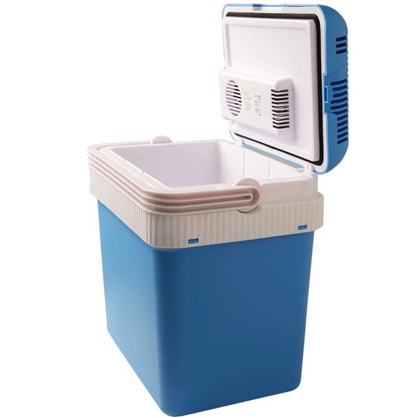 Tragbare 24 Liter Thermoelektrische Kühl- und Wärmebox, weiss-blau, 12V/230V, Leiser und Langlebiger Bürstenloser Motor, Ideale Box für unterwegs