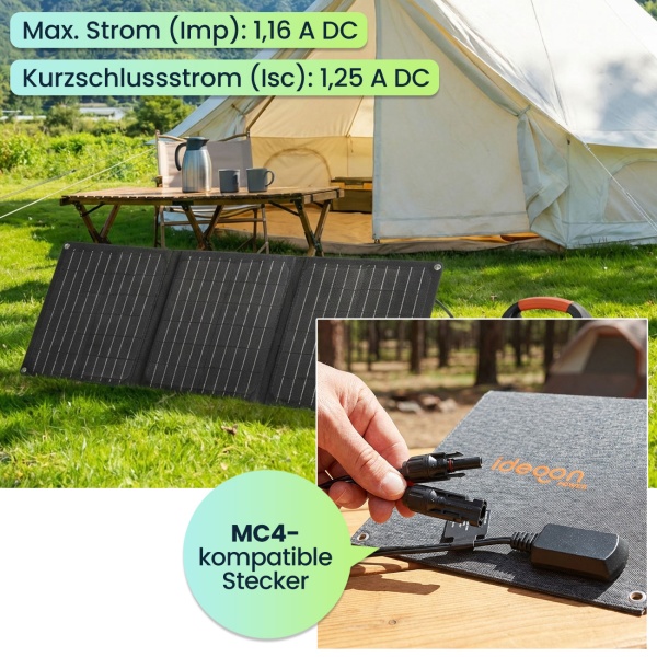Faltbares Solarpanel 21W Monokristallin - Tragbares Solarladegerät IP65 mit MC4-komp. Stecker, DC Adapter, Ösen & Karabinern für Camping