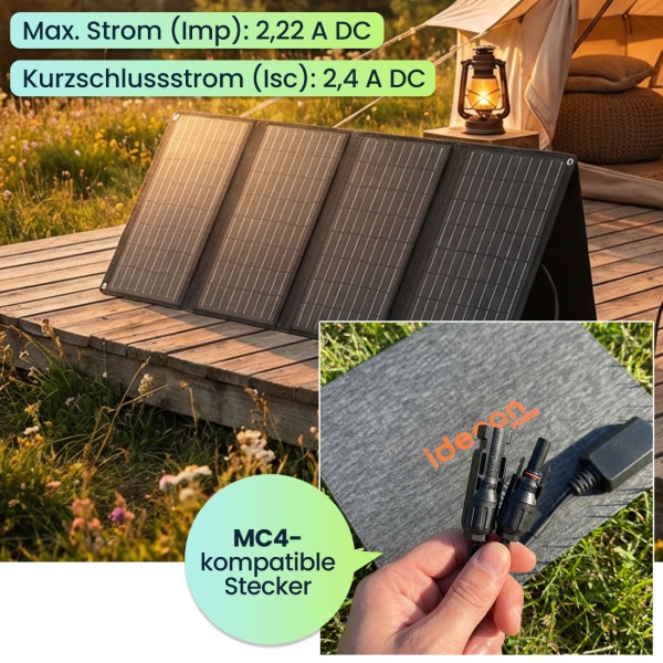 Faltbares Solarpanel 40W Monokristallin - Tragbares Solarladegerät IP65 mit MC4-komp. Stecker, DC Adapter, Ösen & Karabinern für Camping