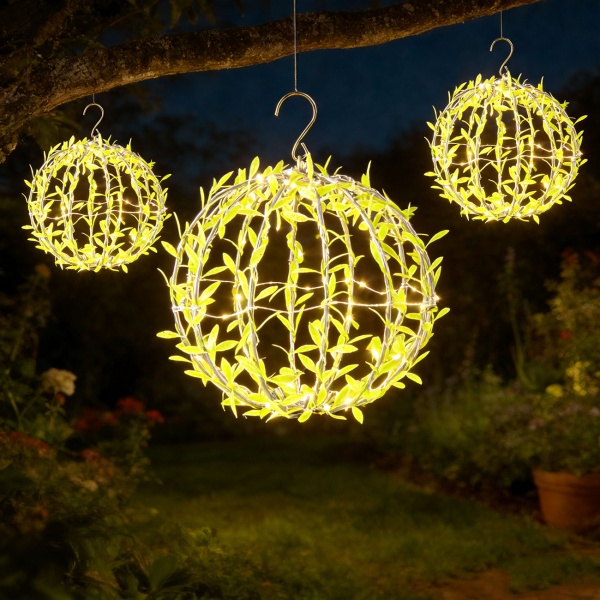 4er-Set Solar Leuchtkugel im Blätterdesign - Ø20cm Gartenkugel mit 72 warmweissen LEDs - IP44 Aussenleuchte inkl. Erdspiess, S-Haken und Solarpanel
