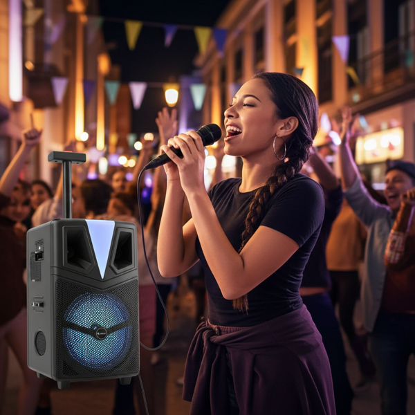 Leistungsstarker 8-Zoll Bluetooth Trolley Lautsprecher mit sattem 12W RMS Sound für beste Party-Stimmung - mobil, stark, zuverlässig