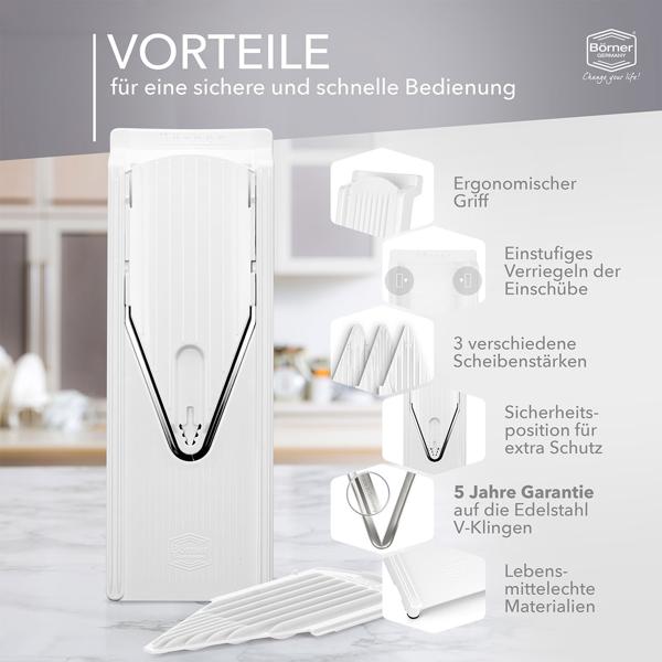 Multifunktionale Gemüsereibe V3 Basis Set - Ultrascharfe Edelstahl V-Klinge, 3 Schnittstärken - Küchenhobel für Gemüse & Obst - Made in Germany - BPA-frei