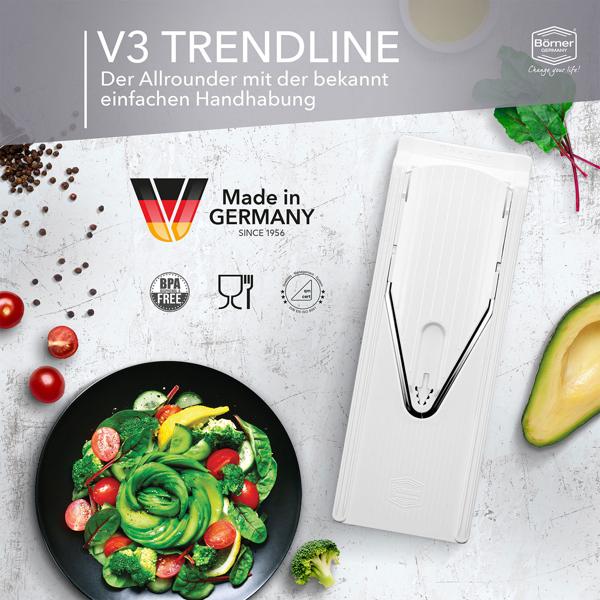 Multifunktionale Gemüsereibe V3 Basis Set - Ultrascharfe Edelstahl V-Klinge, 3 Schnittstärken - Küchenhobel für Gemüse & Obst - Made in Germany - BPA-frei