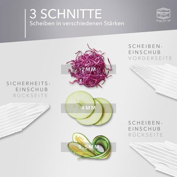 Multifunktionale Gemüsereibe V3 Basis Set - Ultrascharfe Edelstahl V-Klinge, 3 Schnittstärken - Küchenhobel für Gemüse & Obst - Made in Germany - BPA-frei