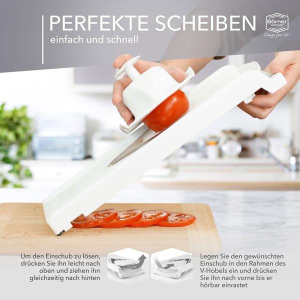Multifunktionale Gemüsereibe V3 Profi Set - 5 Schnittarten für Gemüse & Obst - Weiss, Made in Germany - Küchenhobel für Salate, Rohkost & Gratins