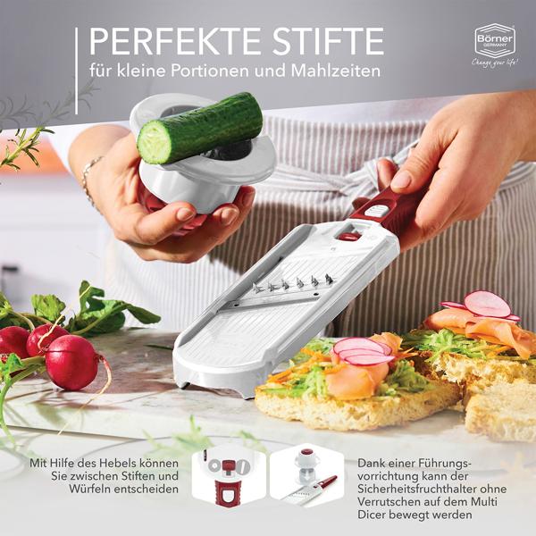 Profi Gemüse-Hobel, weiss-rot: Julienne Gemüseschneider für perfekte Gemüsestreifen & Rohkost-Rezepte