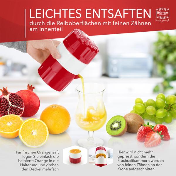 Manuelle Saftpresse weiss-rot - Entsafter für Zitrone, Orange & Limette - BPA-frei - Made in Germany - Handpresse für frischen Saft, leise & effizient
