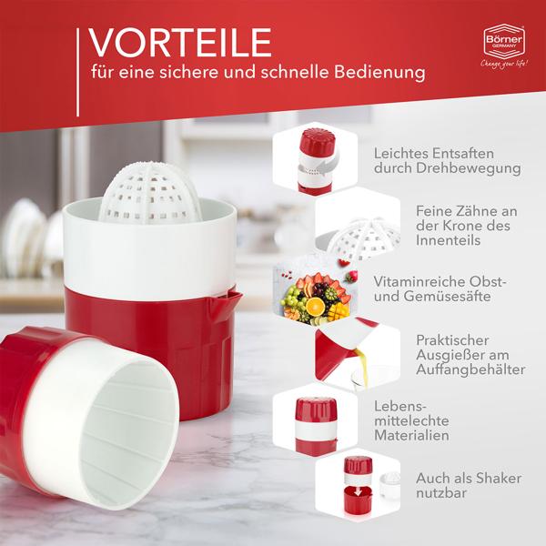 Manuelle Saftpresse weiss-rot - Entsafter für Zitrone, Orange & Limette - BPA-frei - Made in Germany - Handpresse für frischen Saft, leise & effizient