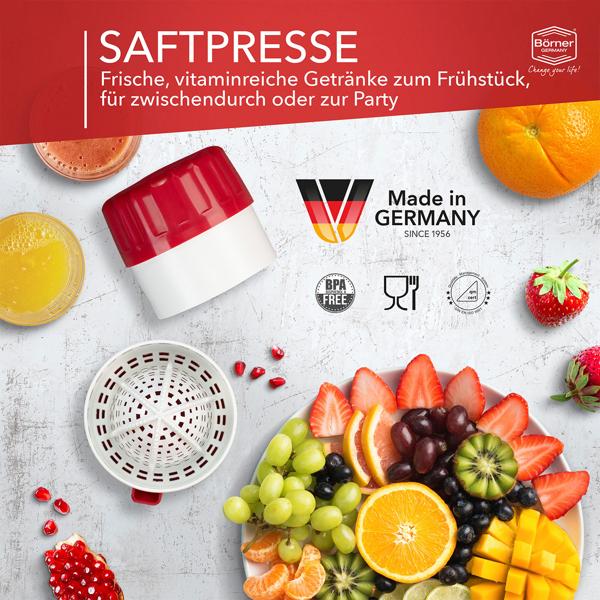 Manuelle Saftpresse weiss-rot - Entsafter für Zitrone, Orange & Limette - BPA-frei - Made in Germany - Handpresse für frischen Saft, leise & effizient