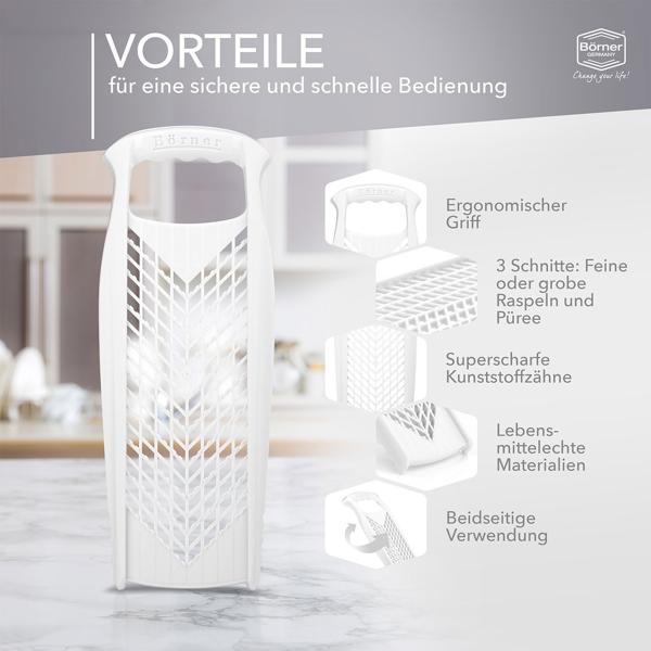 Profi Küchenreibe Weiss - Vielseitige Raffel für Obst, Käse, Gemüse & Zesten - 2 Reibflächen - Made in Germany, BPA-frei, 34x13x3.7cm
