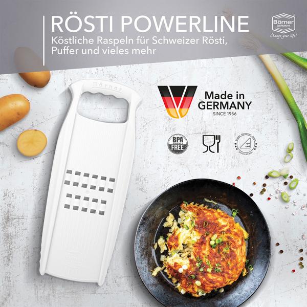 Profi Rösti-Reibe mit Sicherheitsfruchthalter, weiss: Ein idealer Küchenhelfer für knusprige Röschti & Puffer
