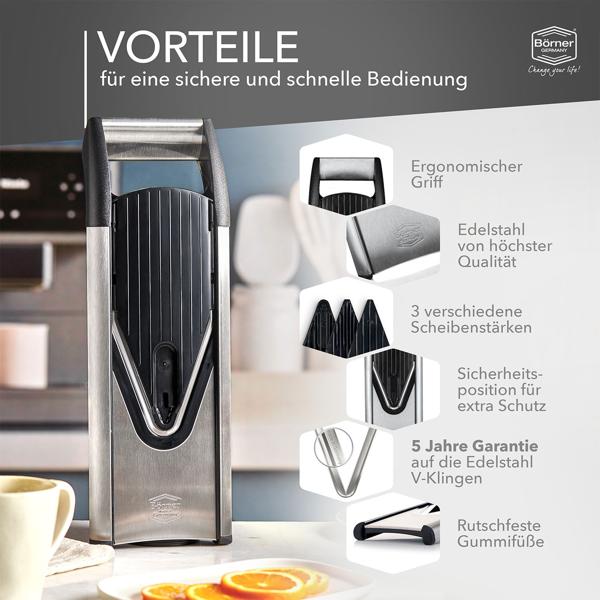 Premium Edelstahl Gemüsereibe V6 Basis Set, 3 Schnittstärken, silber-schwarz: Küchenhobel für Gemüse & Obst