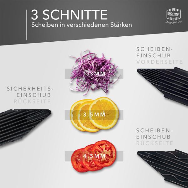 Premium Edelstahl Gemüsereibe V6 Basis Set, 3 Schnittstärken, silber-schwarz: Küchenhobel für Gemüse & Obst