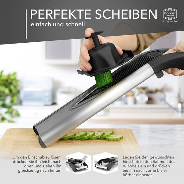 Premium Edelstahl Gemüsereibe V6 Profi Set, 5 Schnittarten, silber-schwarz: Küchenhobel für Gemüse & Obst