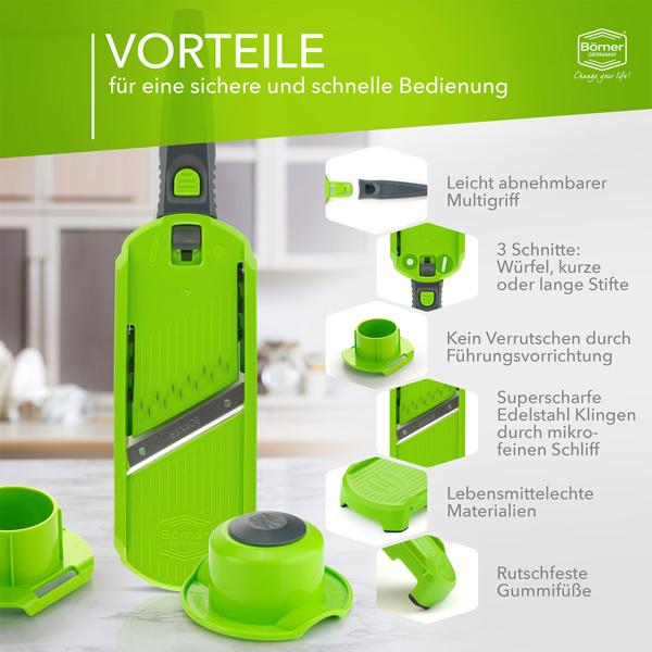 Profi Gemüse-Hobel, grün-grau: Julienne Gemüseschneider für perfekte Gemüsestreifen & Rohkost-Rezepte