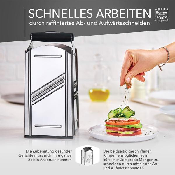 Profi Vierkantreibe mit Auffangbehälter und Fruchthalter: Schnelle Käse- & Gemüsereibe für perfekte Rösti & Salate