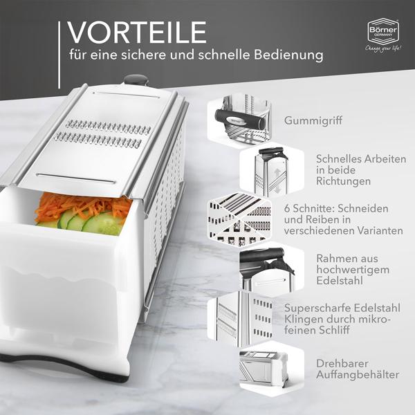 Profi Vierkantreibe mit Auffangbehälter und Fruchthalter: Schnelle Käse- & Gemüsereibe für perfekte Rösti & Salate