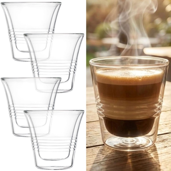 4er-Set Doppelwandgläser mit Riffelung 70ml – Espressogläser & Shotgläser, Borosilikat Thermo-Espressotassen mit Schwebeeffekt klein