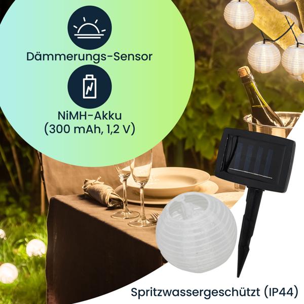 LED Lampion Lichterkette, 2er Set, Solar, warmweiss, 20 weisse Lampions, 3,8m, IP44, effektvolle Solarlichterkette für Balkon, Terrasse, Garten, Bäume u.v.m