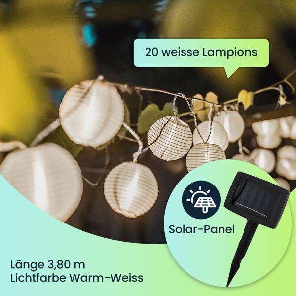 LED Lampion Lichterkette, 2er Set, Solar, warmweiss, 20 weisse Lampions, 3,8m, IP44, effektvolle Solarlichterkette für Balkon, Terrasse, Garten, Bäume u.v.m