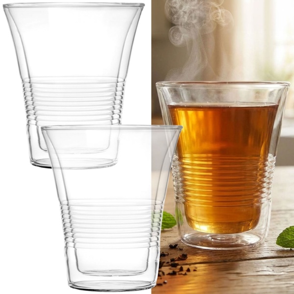2er-Set Doppelwandgläser mit Riffelung 330ml – Thermogläser für Kaffee & Tee, Borosilikat Kaffeegläser mit Schwebeeffekt hitzebeständig