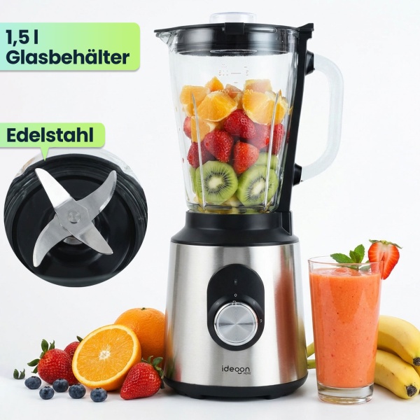 Edelstahl Power Standmixer mit 1,5 l Glasbehälter, Küchenmixer, 1.000 W für Shakes, Smoothies, Saucen oder Zerkleinerung von Obst und Gemüse