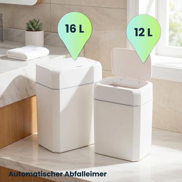 Premium Sensor Mülleimer Set, 12L & 16L, Automatischer Abfalleimer mit Bewegungssensor, Weiss - Berührungslos & Hygienisch - Für Zuhause, Küche & Büro