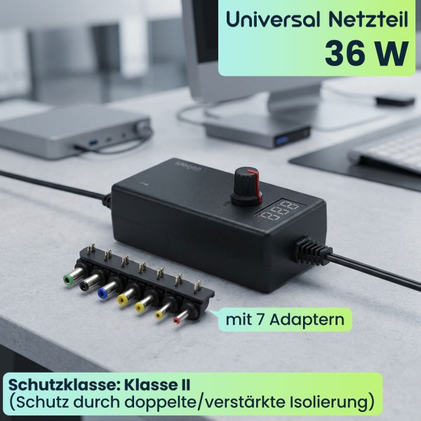 Universal Netzteil 36W, 5-24V - AC/DC Schaltnetzteil mit 7 Adaptern für Router, LED-Strips, Monitore, Kameras & mehr - Flexibles Ersatznetzteil, 3A