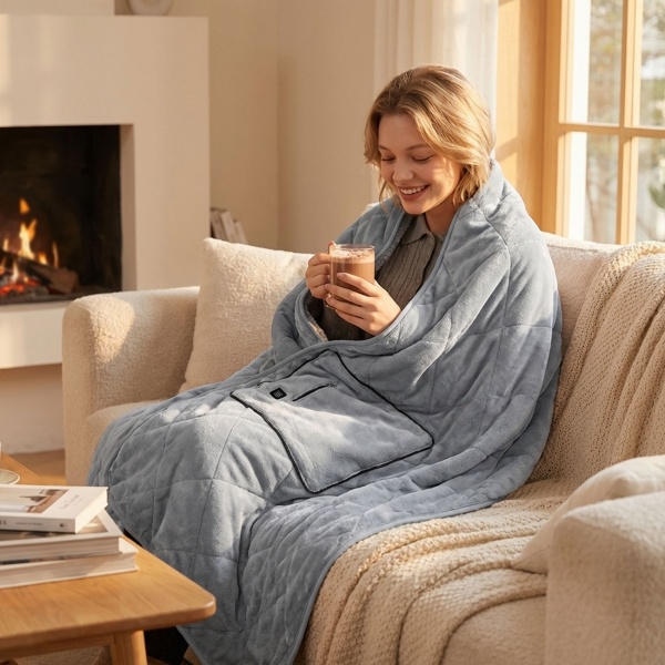 Heizdecke 135x180 cm aus Polarfleece mit Druckknöpfen, elektrische Wärmedecke mit 3 Stufen, auch als Heizkissen nutzbar, kuschelweiche Kuscheldecke