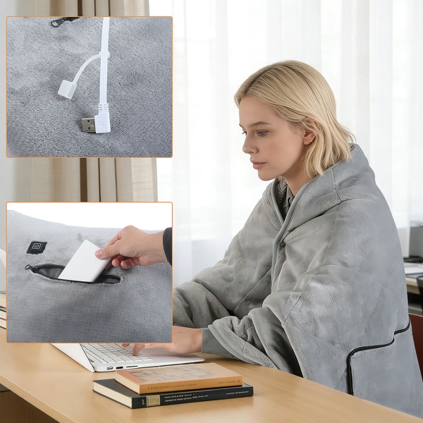 Heizdecke 135x180 cm aus Polarfleece mit Druckknöpfen, elektrische Wärmedecke mit 3 Stufen, auch als Heizkissen nutzbar, kuschelweiche Kuscheldecke