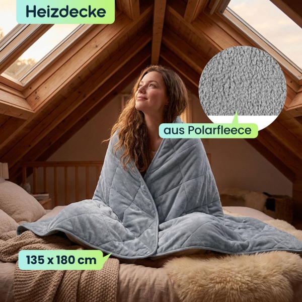 Heizdecke 135x180 cm aus Polarfleece mit Druckknöpfen, elektrische Wärmedecke mit 3 Stufen, auch als Heizkissen nutzbar, kuschelweiche Kuscheldecke