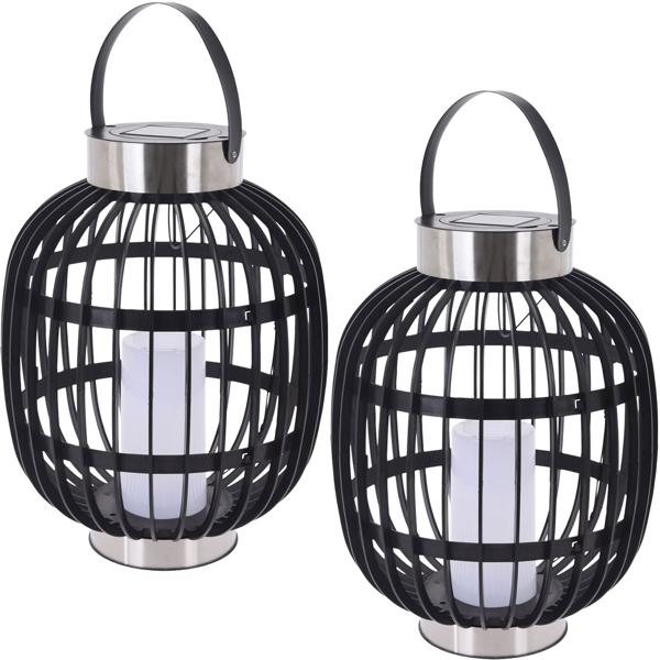 2er Set Stilvolle Solar-Gartenlaterne in Rattan-Optik: Edelstahl-Ringe, LED-Kerze, 35x45cm, Schwarz – Dekorative Aussenbeleuchtung