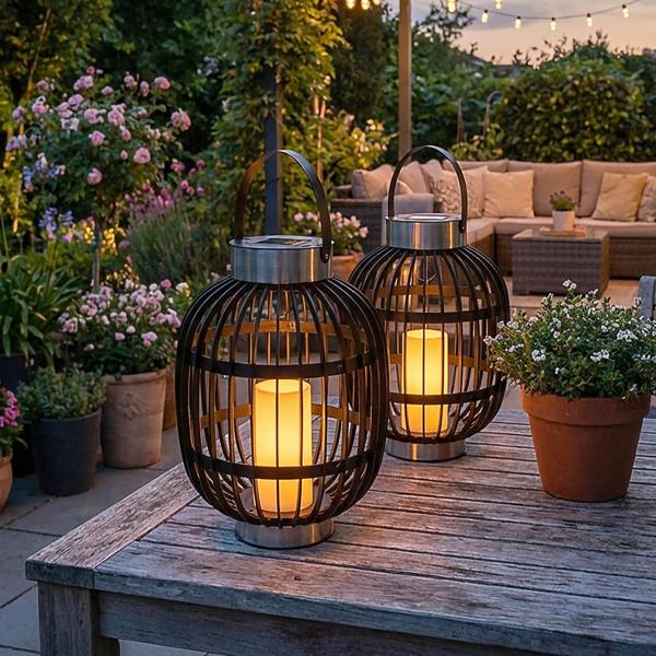 2er Set Stilvolle Solar-Gartenlaterne in Rattan-Optik: Edelstahl-Ringe, LED-Kerze, 35x45cm, Schwarz – Dekorative Aussenbeleuchtung