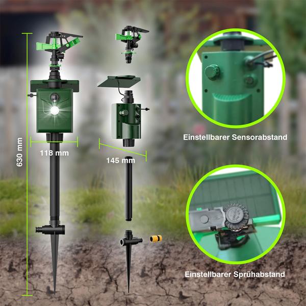 Universal Tiervertreiber mit Wasserstrahl & Bewegungssensor, solarbetrieb: Vertreibt Hunde, Katzen, Reiher & Wildtiere, schützt Ihren Garten effektiv