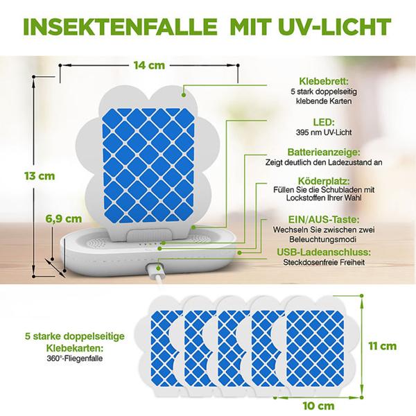 2er-Set Insektenfalle mit UV-Licht und Klebefolie: Ein geruchloser Insektenvernichter für Wohnraum, Schlafzimmer & Camping