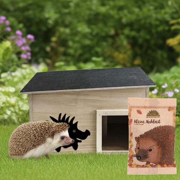 Komplettset: Hochwertiges Igelhaus aus FSC-Holz, 40x32x24 cm mit Igelfutter „Kleine Mahlzeit“ – für einen sicheren Nist- und Überwinterungsplatz