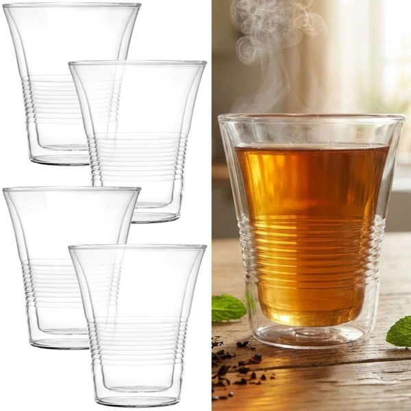 4er-Set Doppelwandgläser mit Riffelung 330ml – Thermogläser für Kaffee & Tee, Borosilikat Kaffeegläser mit Schwebeeffekt hitzebeständig