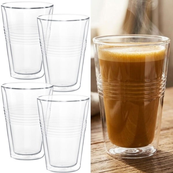 4er-Set Doppelwandgläser mit Riffelung 300ml – Thermogläser für Kaffee & Tee, Borosilikat Kaffeegläser mit Schwebeeffekt hitzebeständig
