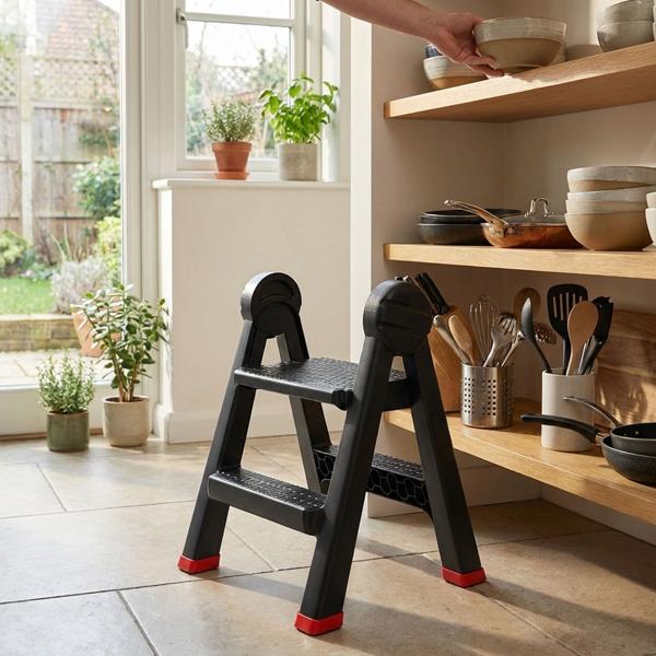 2-Stufen Doppel-Trittleiter klappbar: Sicher & mühelos in die Höhe – Robuster Kunststoff für stabilen Stand in Küche & Haushalt