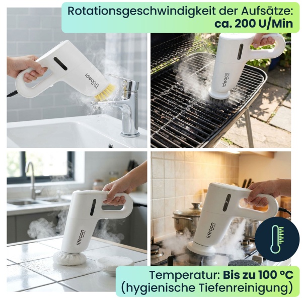 Profi 3in1 Dampfreiniger & Boden-Dampfbesen: 1200W Handgerät gegen Bakterien ohne Chemie für Boden, Bad, Möbel - in 15s startklar