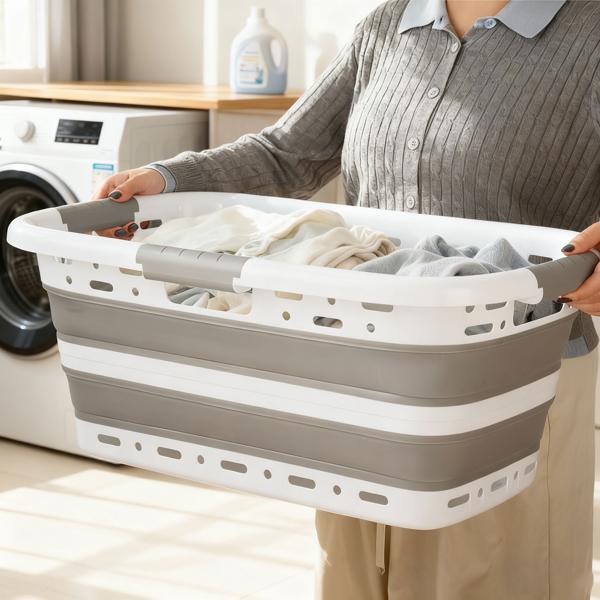 2er-Set Faltbarer Wäschekorb 41L - Platzsparender Wäschesammler aus Kunststoff mit Belüftung - Ultraflach 8,5 cm für Waschküche & Camping