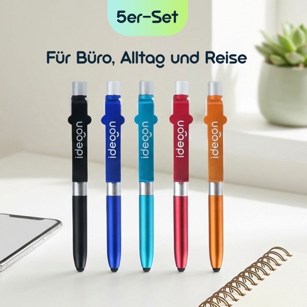 4in1 Kugelschreiber mit LED-Lampe, Touchpen für Tablets & Handy-Ständer Funktion, 5er-Set – Multifunktionsstift Schreibset für Büro, Alltag und Reise