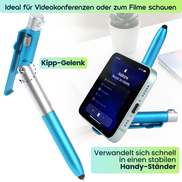 4in1 Kugelschreiber mit LED-Lampe, Touchpen für Tablets & Handy-Ständer Funktion, 5er-Set – Multifunktionsstift Schreibset für Büro, Alltag und Reise