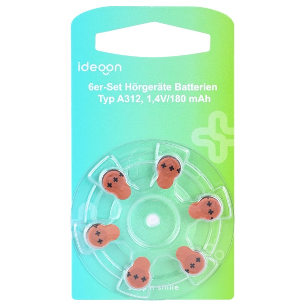 6er-Set Hörgeräte-Batterien Typ 312 A312 (PR41, ZL3, R312AE) – 1,4V Knopfzellen mit 180 mAh Kapazität – Zuverlässige Energie mit brauner Kennzeichnung