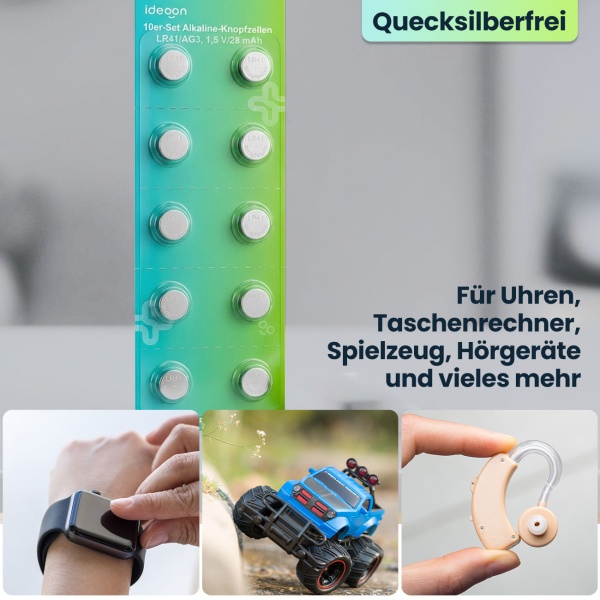 10er-Set Alkaline Knopfzellen LR41 AG3 1,5V 28mAh hochwertige Batterien quecksilberfrei für Uhren Taschenrechner Spielzeug und Hörgeräte