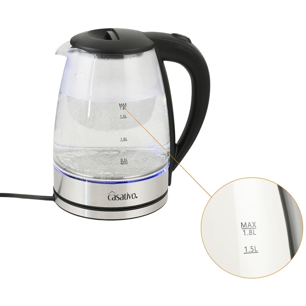 Edler Glas-Wasserkocher 1,8L mit blauem LED-Licht, Edelstahl, 2200W - Teekocher mit Abschaltautomatik & Trockenbetriebsschutz