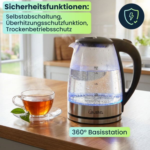 Edler Glas-Wasserkocher 1,8L mit blauem LED-Licht, Edelstahl, 2200W - Teekocher mit Abschaltautomatik & Trockenbetriebsschutz