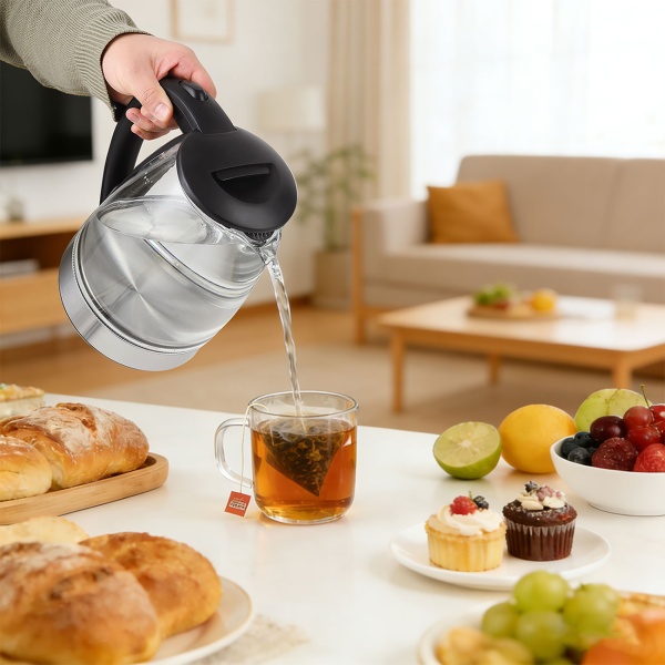 Edler Glas-Wasserkocher 1,8L mit blauem LED-Licht, Edelstahl, 2200W - Teekocher mit Abschaltautomatik & Trockenbetriebsschutz